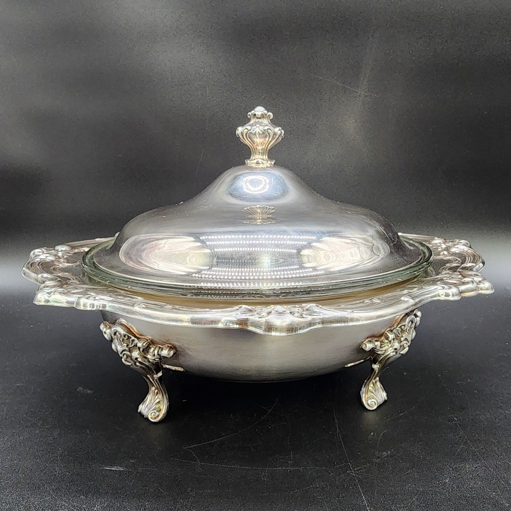VTG Gorham Silver Plated Glass Insert Lidded Casserole Dish Footed Ornate